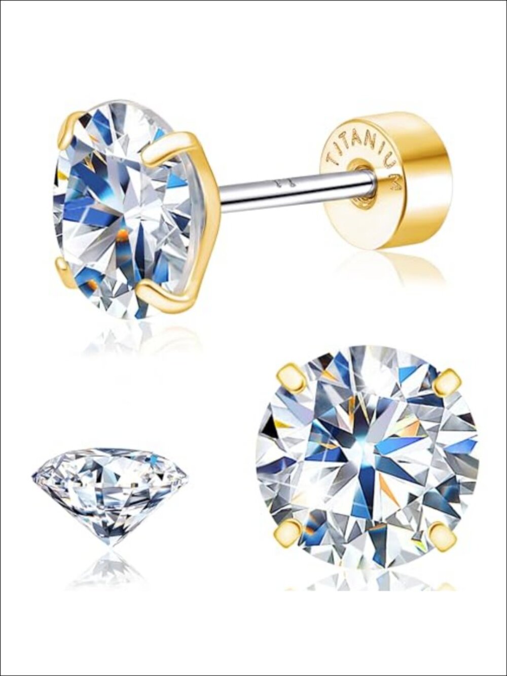 Titanium Moissanite Stud Earrings 18K Gold Plated Hypoallergenic
